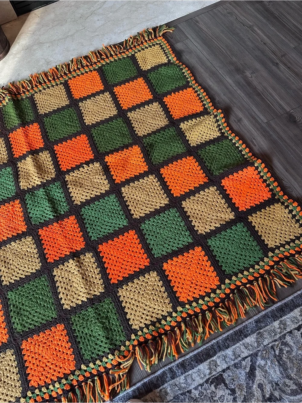 Vintage 70s Crochet Afghan Blanket Orange Green Gold Brown Fringe Retro Boho